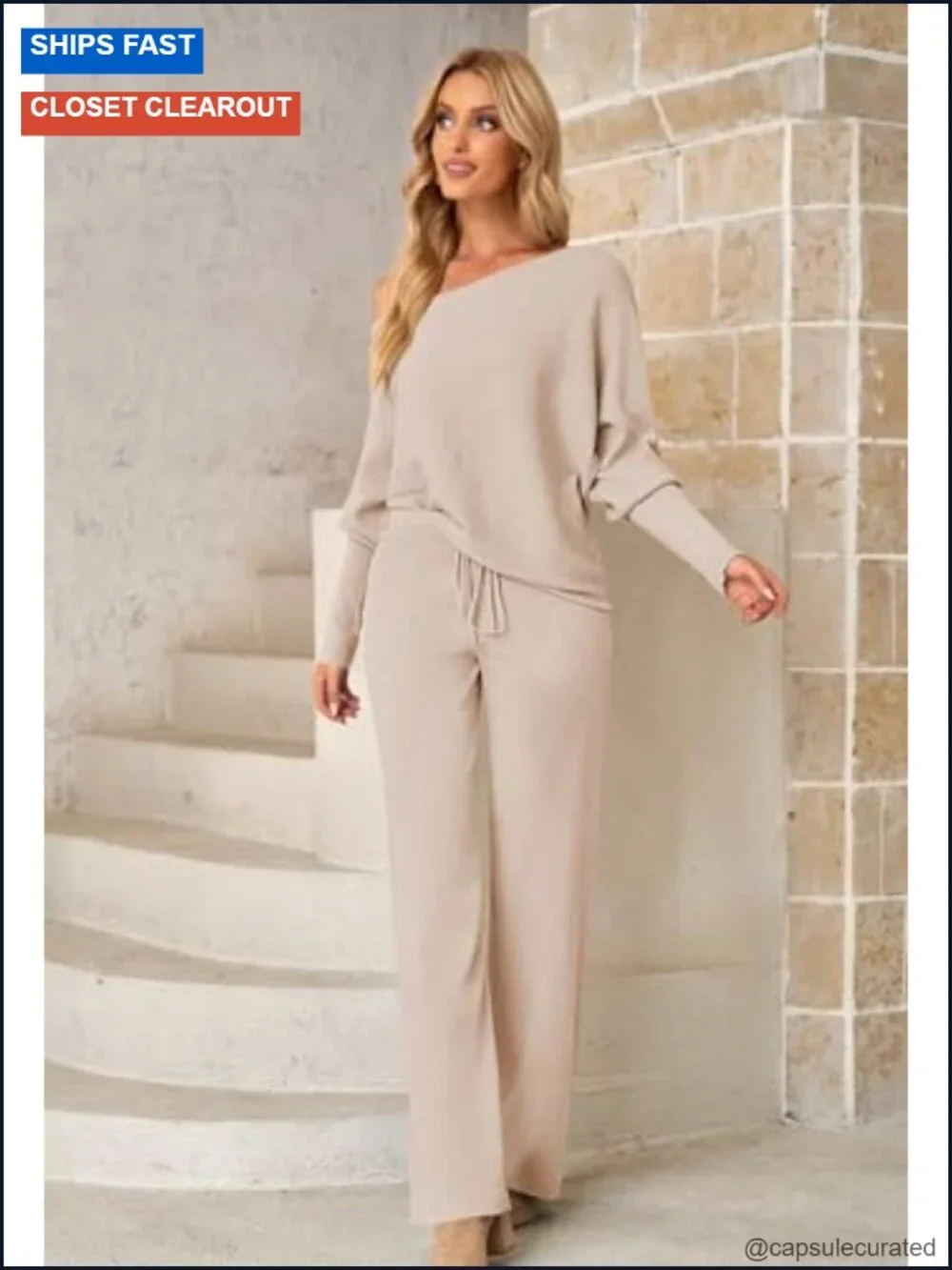 2 Piece Knitted Sweater Wide Leg Pants Off Shoulder Lounge Set